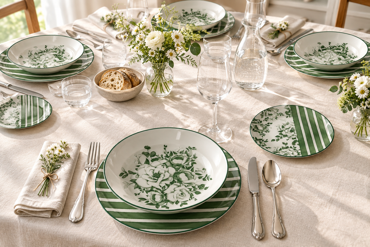 Tavola apparecchiata con i tre piatti Bouquet verdi e bianchi