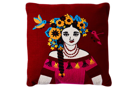 Novita home_CR-128_Embroidery - cuscino red folk art woman with garland and birds_1