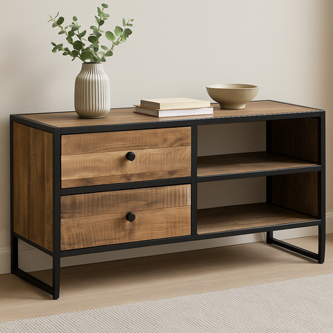 Sawyer-porta tv doppio ripiano e 2 cassetti in legno e metallo