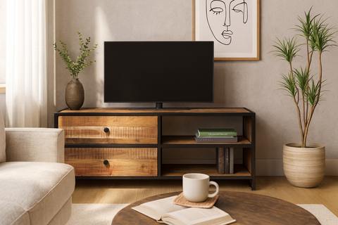 Sawyer-porta tv doppio ripiano e 2 cassetti in legno e metallo