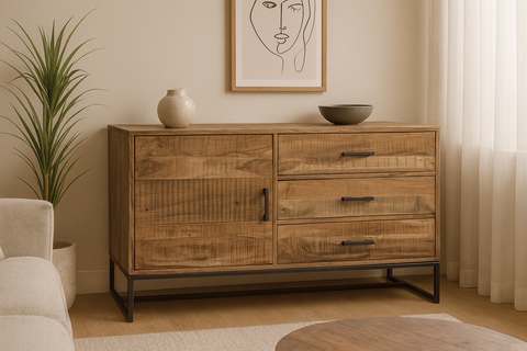 Credenza 3 cassetti ed 1 sportello in legno e metallo