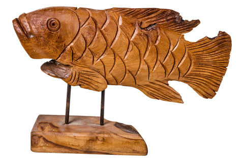 Decor - Pesce Carving In Legno Su Piedistallo Piccolo