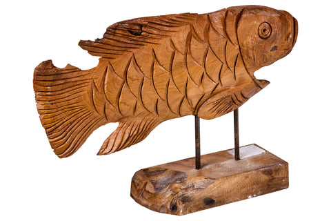 Decor - Pesce Carving In Legno Su Piedistallo Piccolo