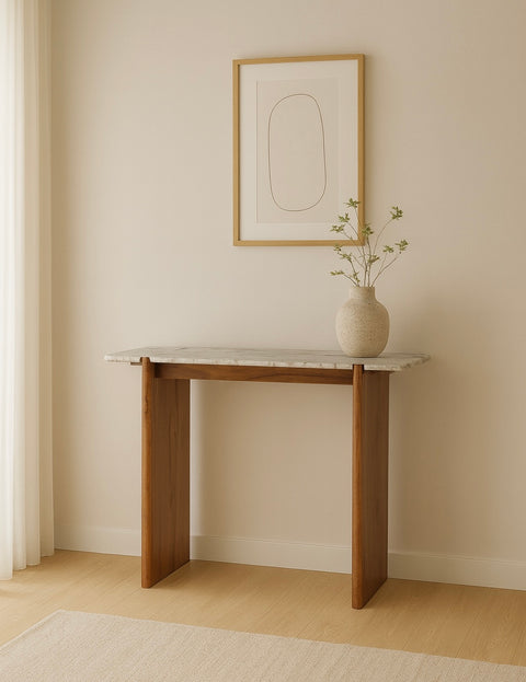 Quezon - Consolle in legno di acacia e marmo bianco con venature