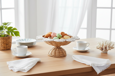 Alhoa - Small White Scalloped Rattan Stand