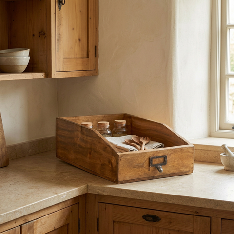 Cassettino in un angolo della cucina rustica, formato quadrato
