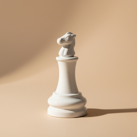 Cavallo scacchi ceramica bianca su sfondo beige