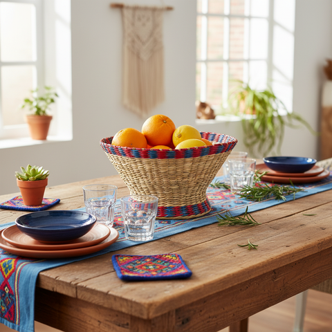Cesta coppa seagrass rosso-blu - ambientata tavola