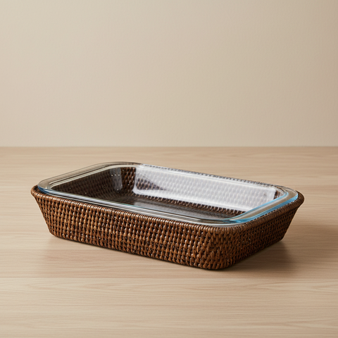 Cesta Myanmar con pyrex su sfondo beige