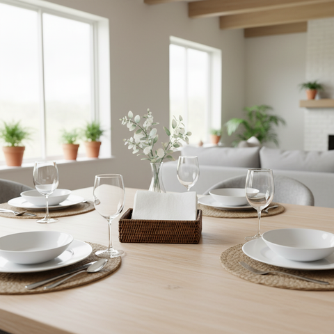 Cesta porta tovaglioli rattan su tavola apparecchiata