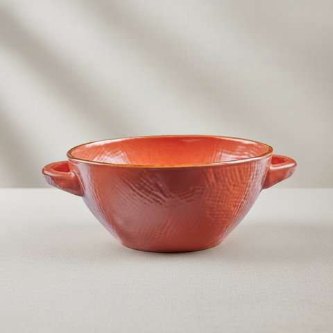 Ciotola ceramica arancione con manici e bordo oro su sfondo grigio