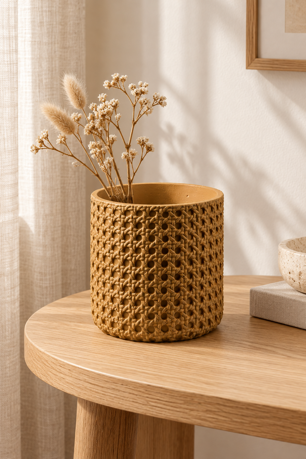 Vaso Wicker Cement con steli secchi su tavolino