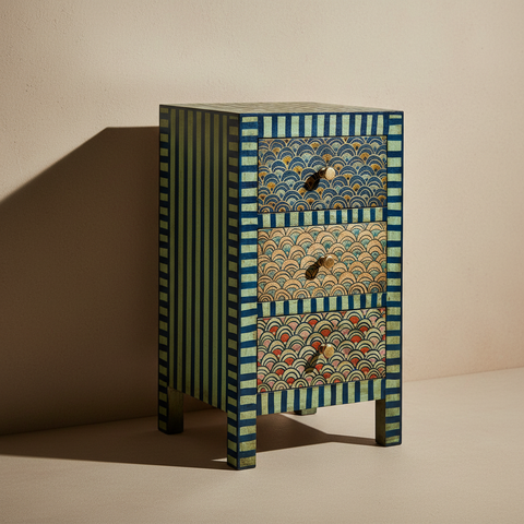 Comodino Lisbona Blu - Muro Beige con Ombre