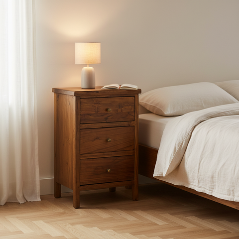 Comodino teak 3 cassetti ambientato