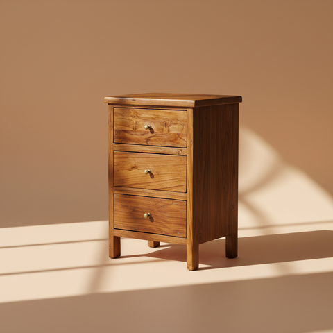 Comodino teak 3 cassetti sfondo neutro