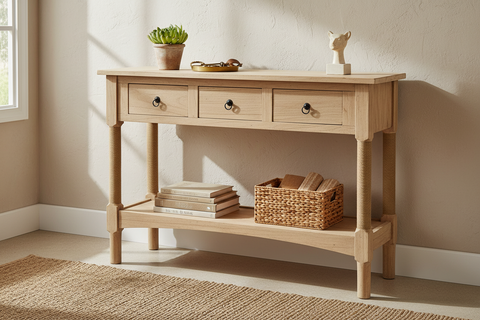 CONSOLA DE TRES CAJONES CON PATAS CUBIERTAS DE CUERDA