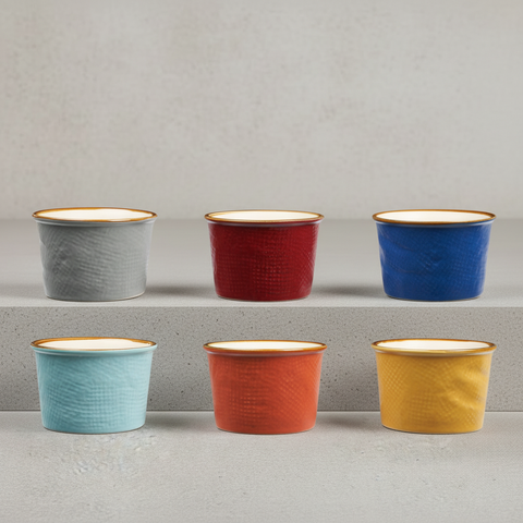 Coppette colorate su gradino grigio