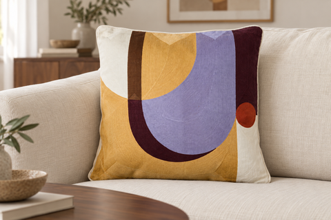 Cuscino Embroidery astratto viola ambientato su divano