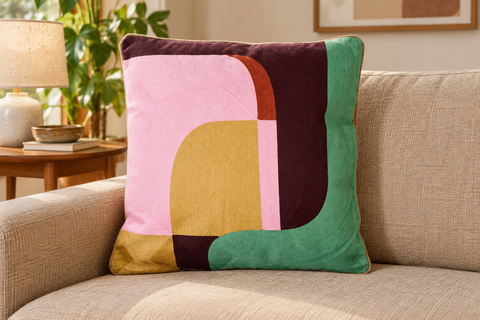 Cuscino Embroidery astratto rosa ambientato su divano