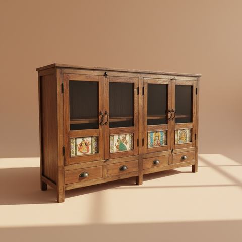 Credenza vetrina maioliche sfondo neutro