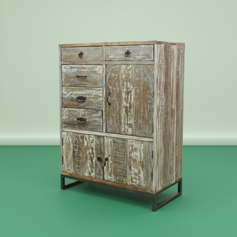 Credenza vintage su pavimento verde smeraldo