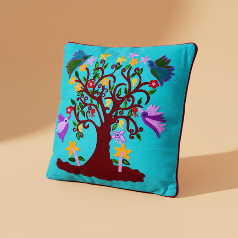 Cuscino albero della vita con uccelli su sfondo beige