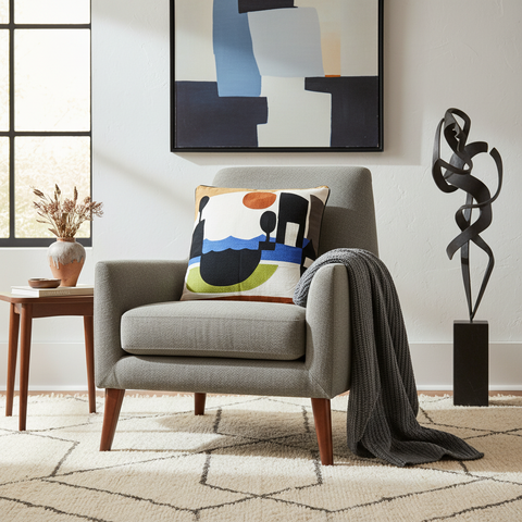 Cuscino artistico in ambiente living contemporaneo