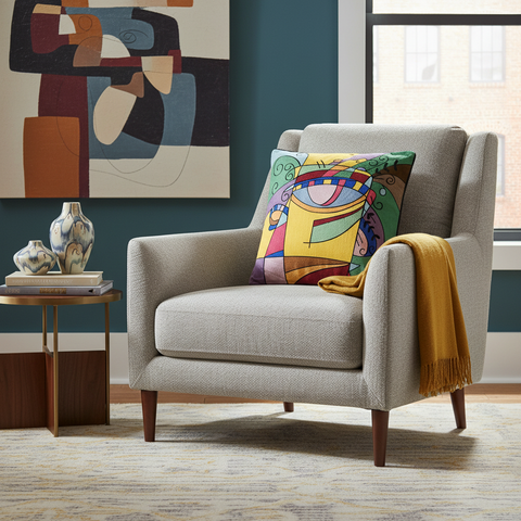 Cuscino artistico in ambiente living contemporaneo