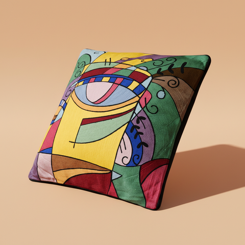 Cuscino artistico multicolore su sfondo beige