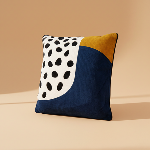Cuscino astratto pois blu navy senape su sfondo beige
