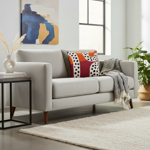 Cuscino astratto pois in ambiente living contemporaneo