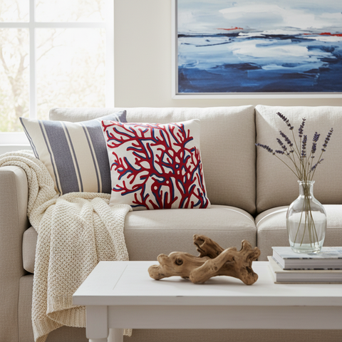 Cuscino corallo in ambiente living coastal