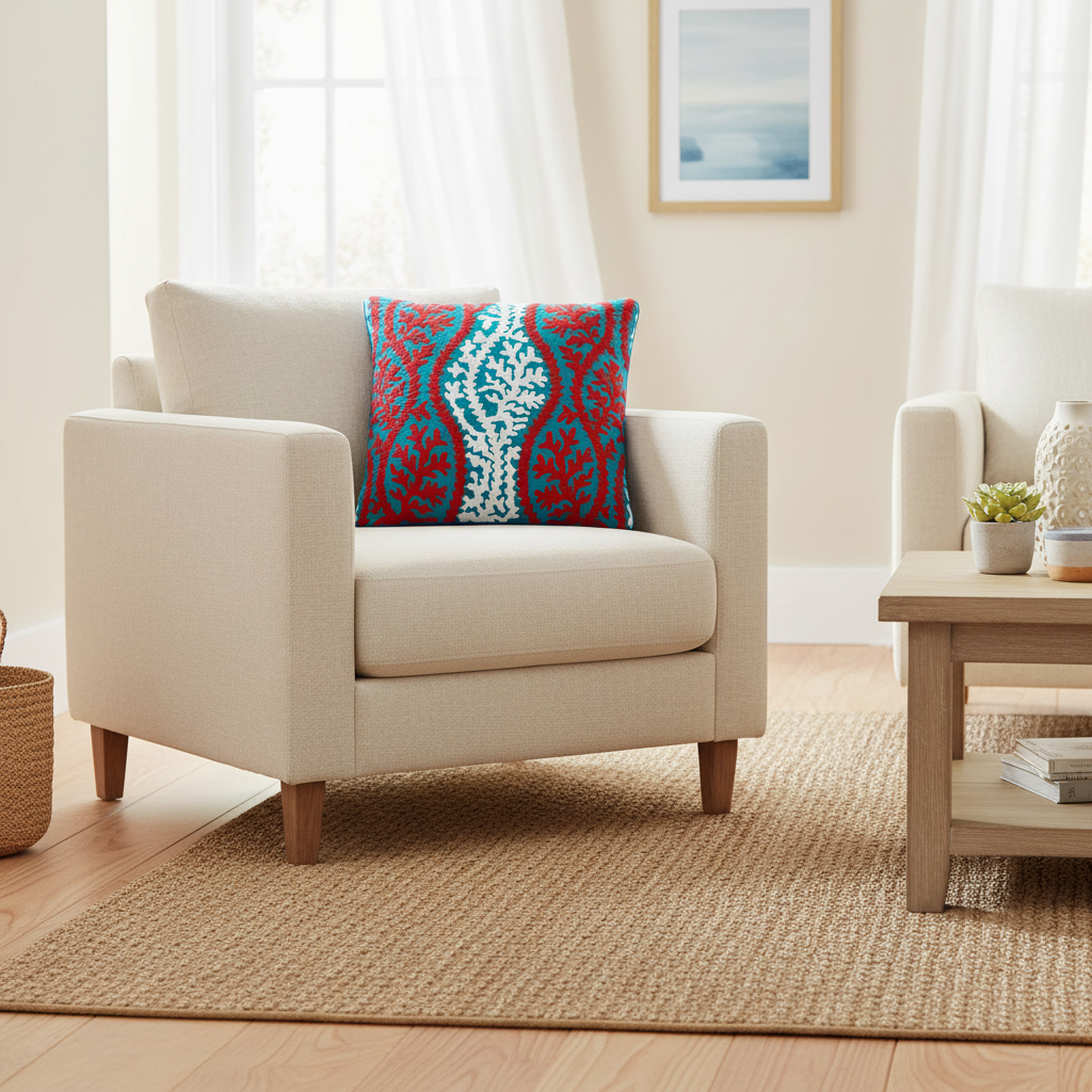 Cuscino corallo rosso turchese in ambiente living