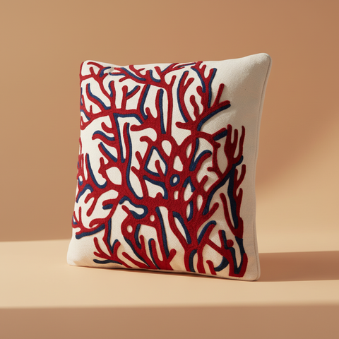 Cuscino corallo verticale su sfondo beige