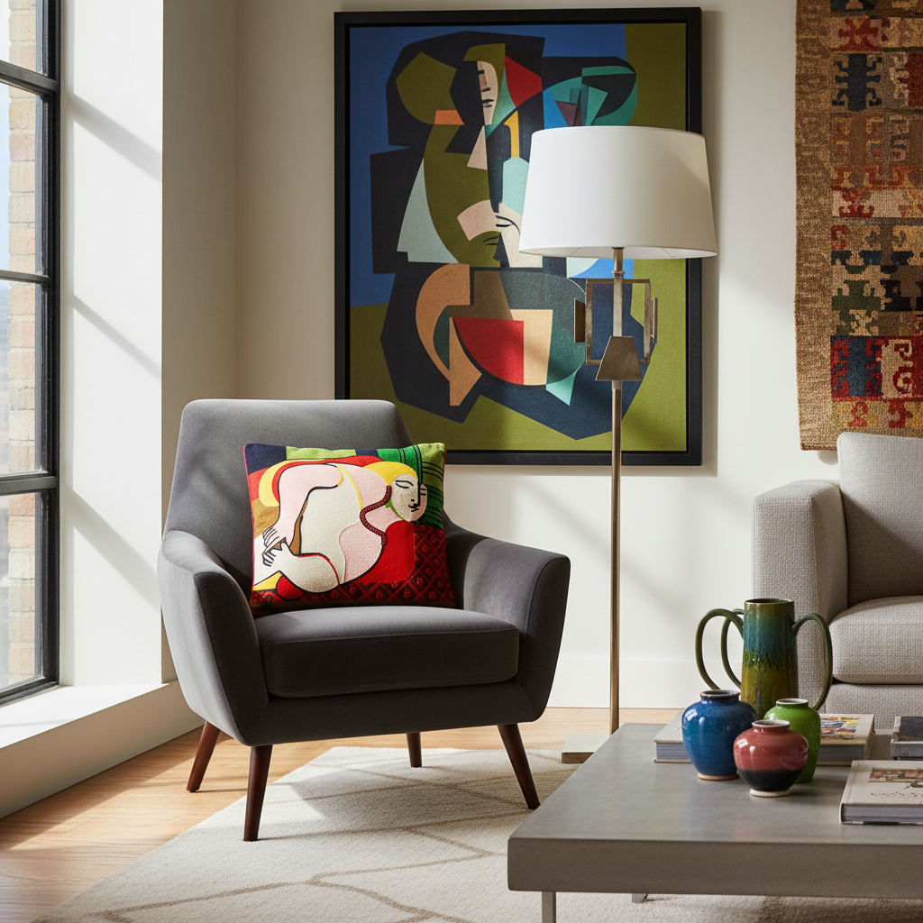 Cuscino donna Picasso in ambiente living artistico