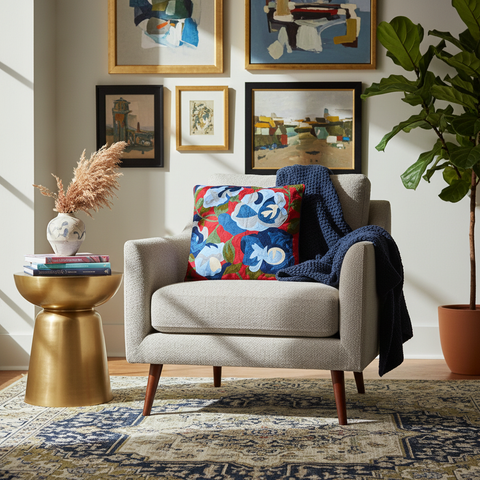 Cuscino floreale astratto in ambiente living eclettico