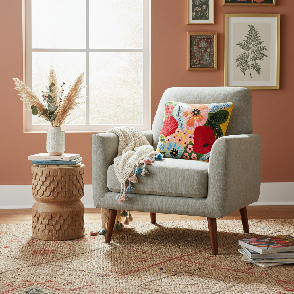 Cuscino floreale folk in ambiente living bohemian