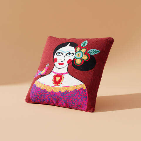Cuscino Frida Kahlo folk art rosso su sfondo beige