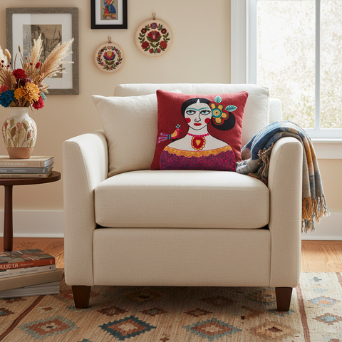 Cuscino Frida Kahlo in ambiente living bohemian