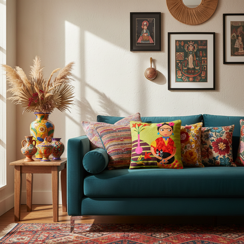 Cuscino Frida Kahlo in ambiente living bohemian