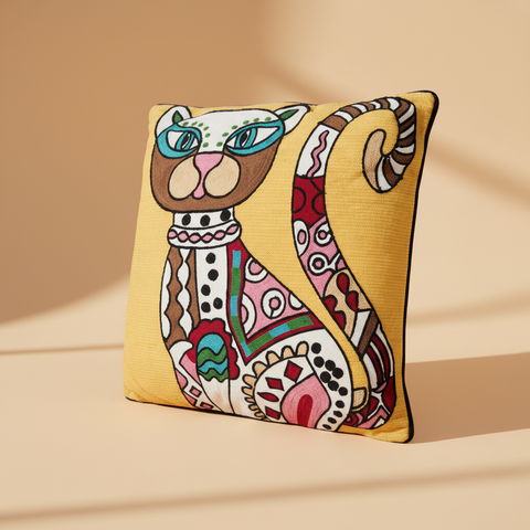 Cuscino gatto folk art giallo su sfondo beige