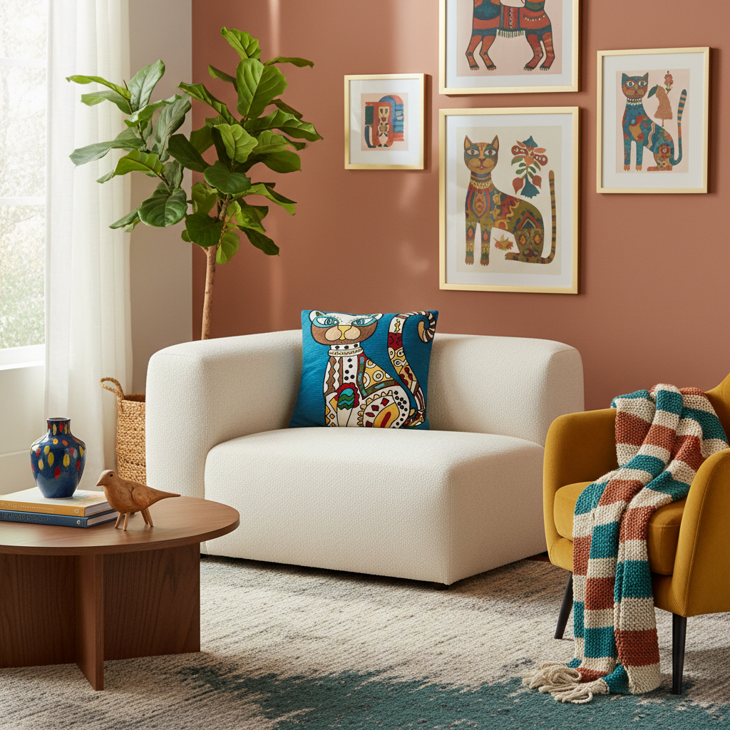 Cuscino gatto folk in ambiente living