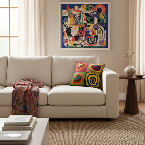 Cuscino Kandinsky in ambiente living artistico