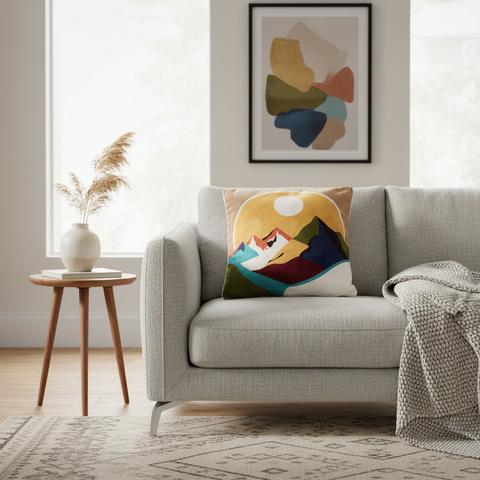 Cuscino paesaggio montano in ambiente living contemporaneo