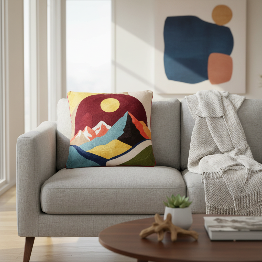 Cuscino paesaggio montano in ambiente living contemporaneo