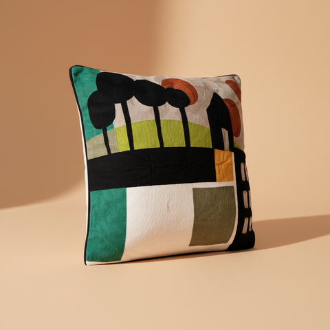 Cuscino paesaggio urbano astratto su sfondo beige