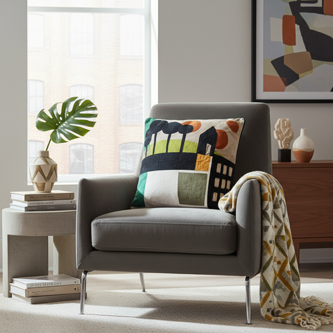Cuscino paesaggio urbano in ambiente living contemporaneo