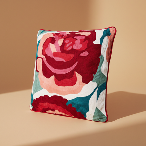 Cuscino rose rosse e rosa su sfondo beige