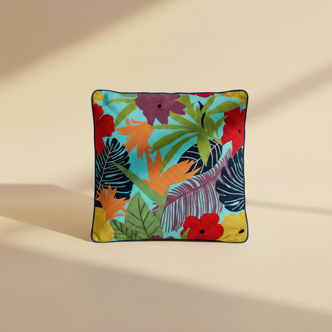Cuscino Strelitzie Hibiscus - sfondo beige con ombra