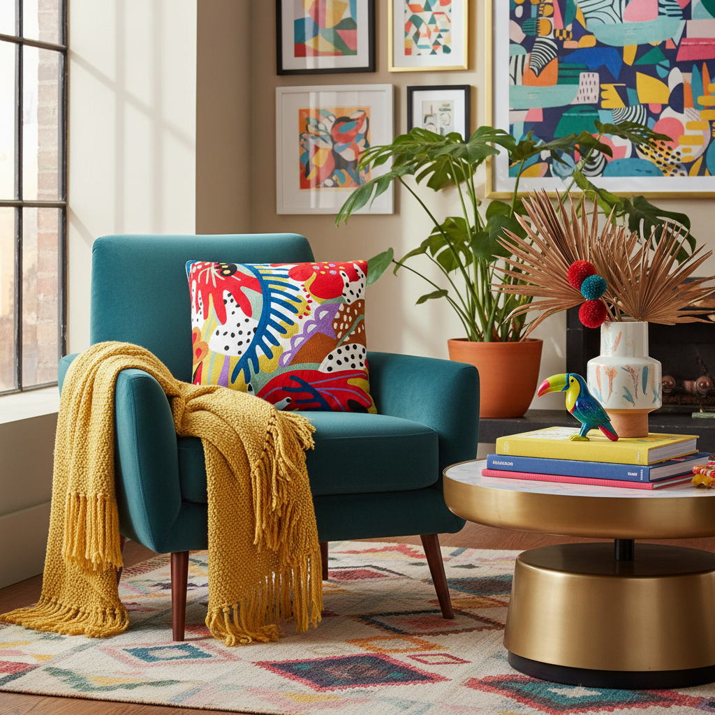 Cuscino tropicale in ambiente living eclettico